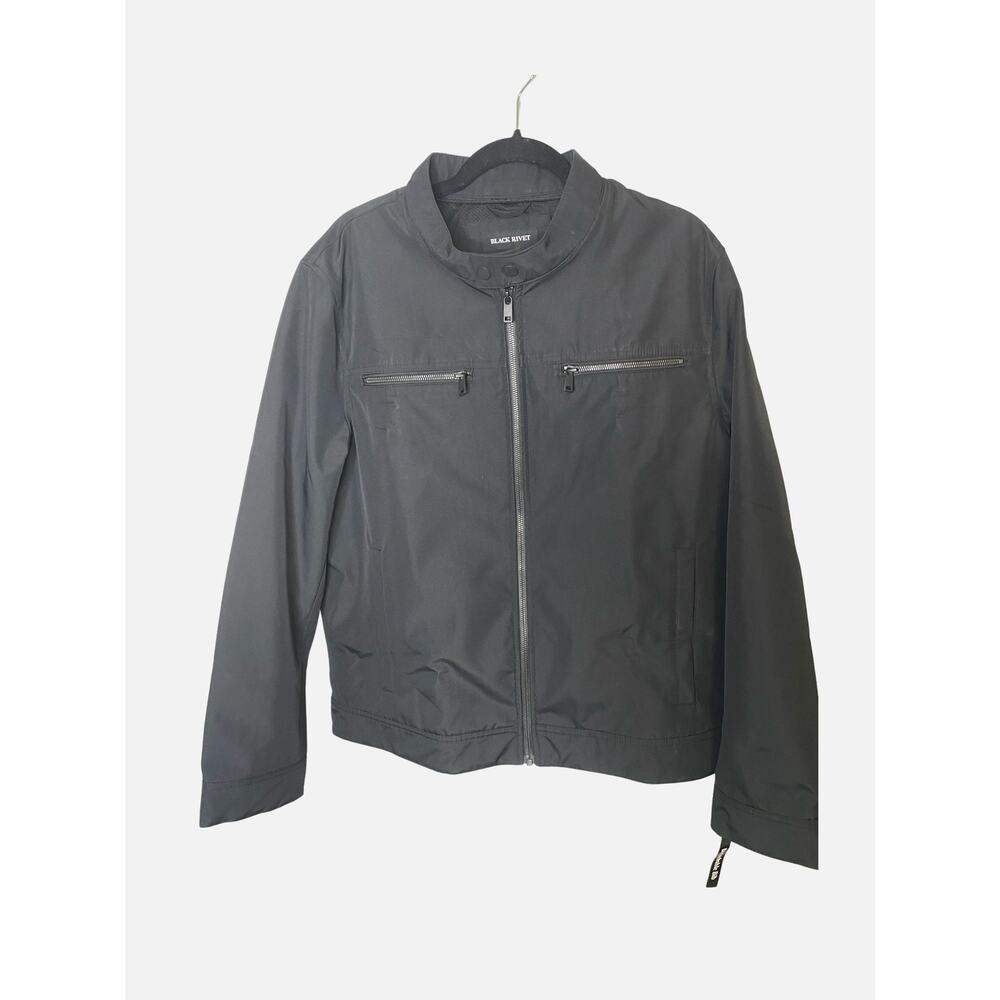 Black Rivet Full Zip Windbreaker Jacket Long Sleeve Black Size Large